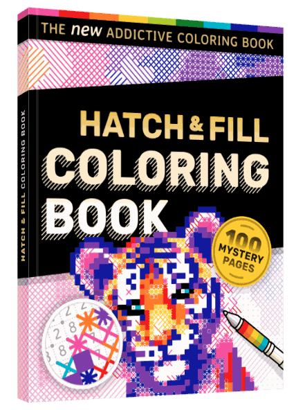 The Hatch & Fill Coloring Book, an adult coloring book with a tiger drawn in colored marks on a grid.