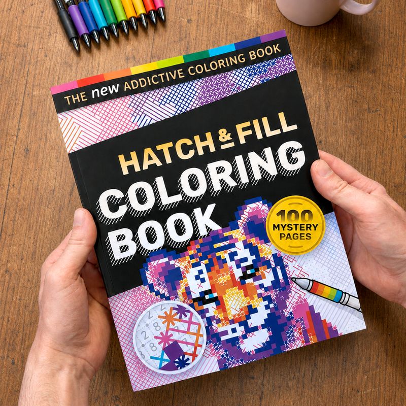 Two hands holding the Hatch & Fill Coloring Book over a wooden table, a set of gel pens and a cup of coffee beside it.