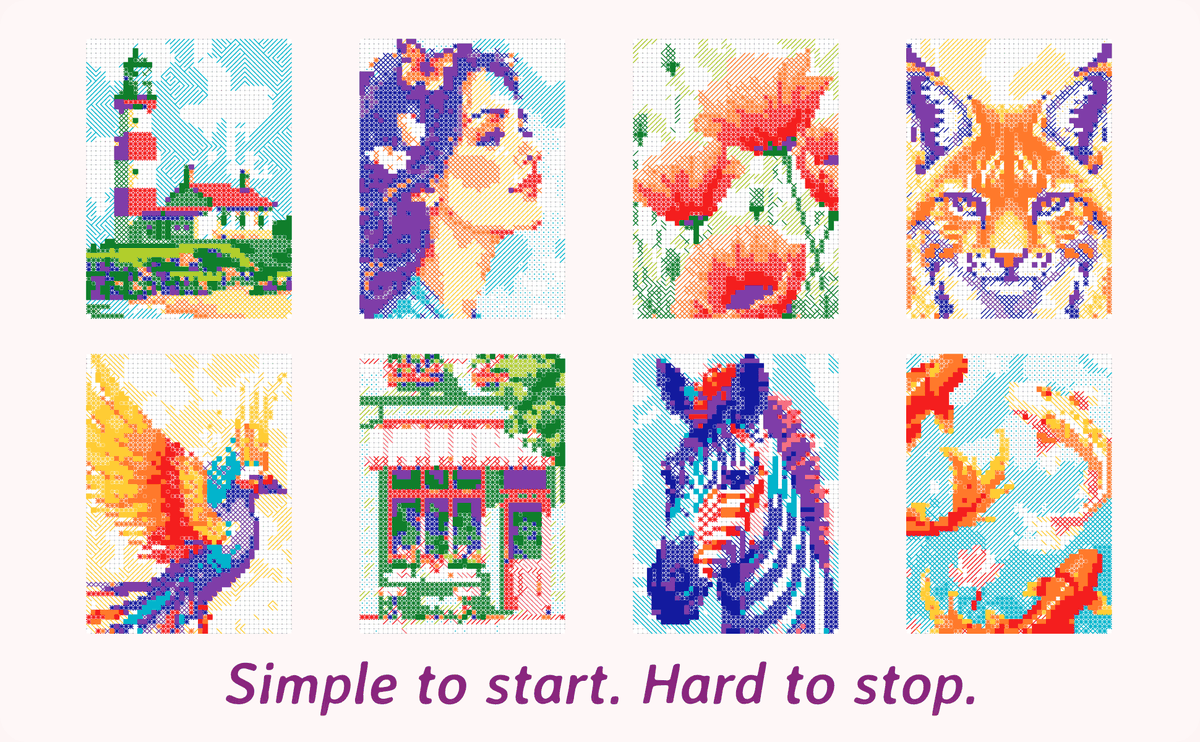 Eight finished Hatch and Fill designs: a lighthouse, a portrait, poppies, a lynx, a phoenix, a storefront, a zebra and koi fish.