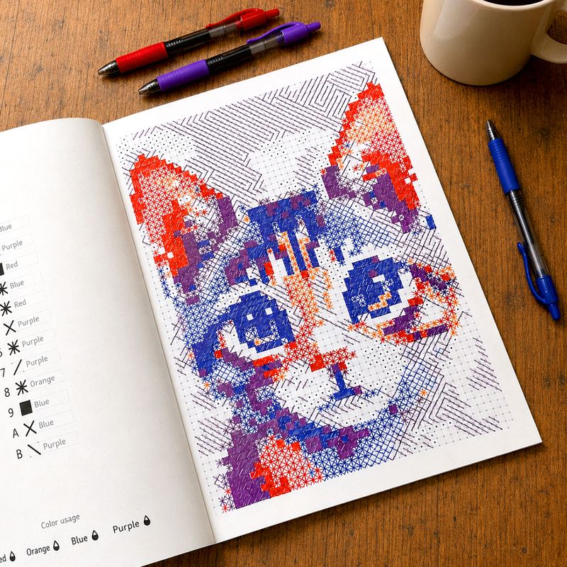 The Hatch & Fill book open on a finished page, a cat drawn in red, blue and purple marks, with the page key printed on the left.