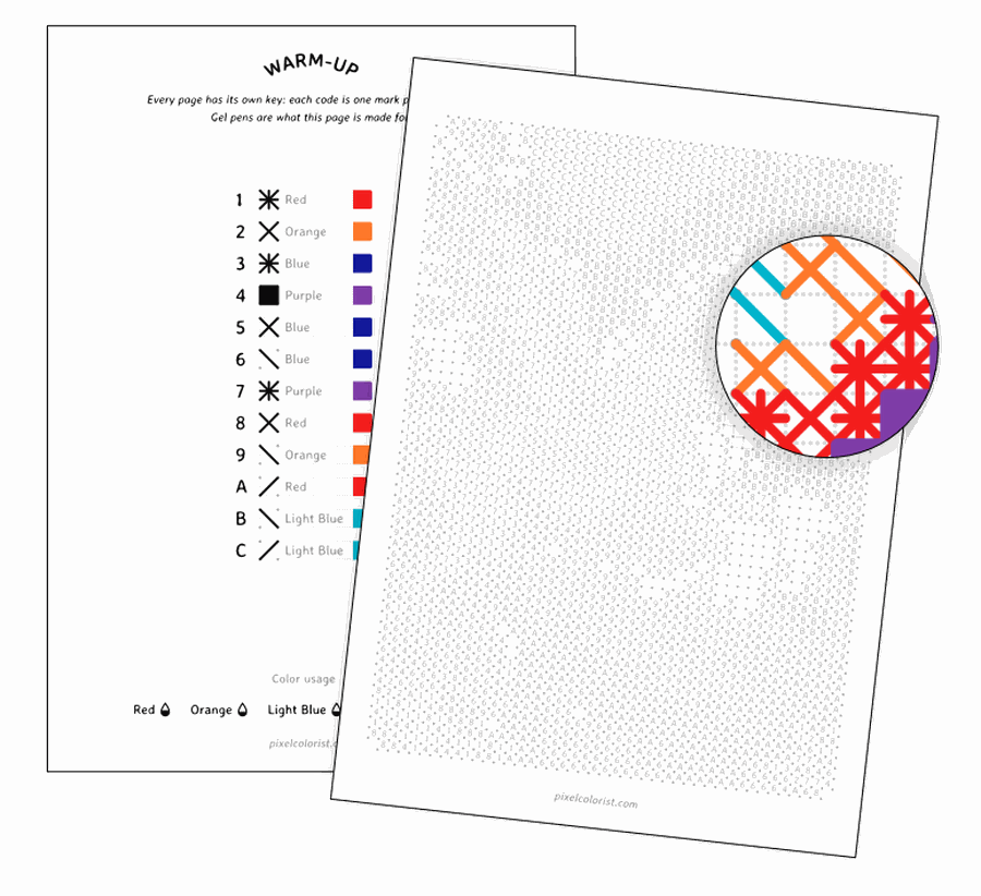 The free Hatch & Fill warm-up page: its key on one sheet, the grid of codes to color on the other.
